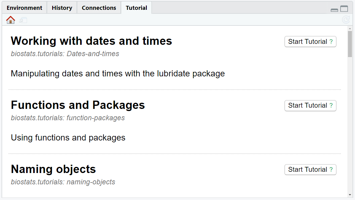 _The tab_ Tutorial _provides you with tutorials linked to R packages._