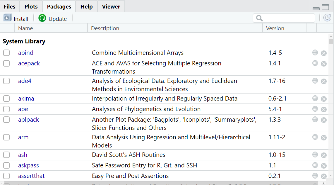 _The tab_ Packages _shows the packages installed on your machine._