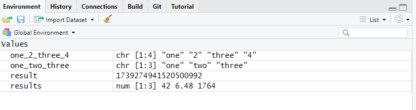 _The tab_ Environment _shows the R objects stored in memory._